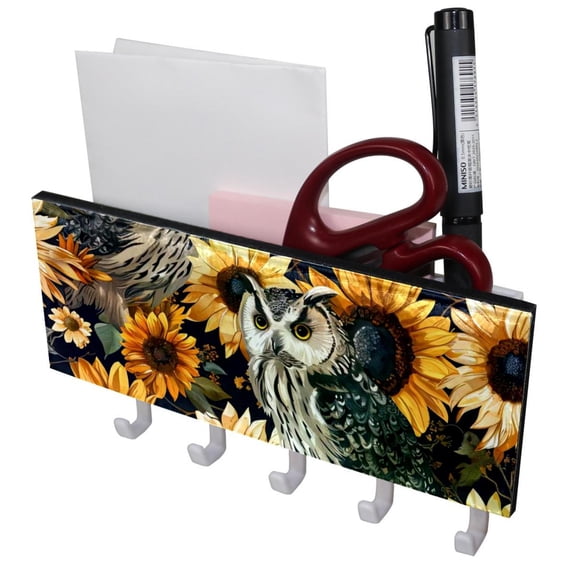 PhooArto Key Holder for Wall Decorative with 5 Key Hooks, Animals Owls Sunflowers Holders Wall Mount Organizer with Mail Key Rack, Self Adhesive
