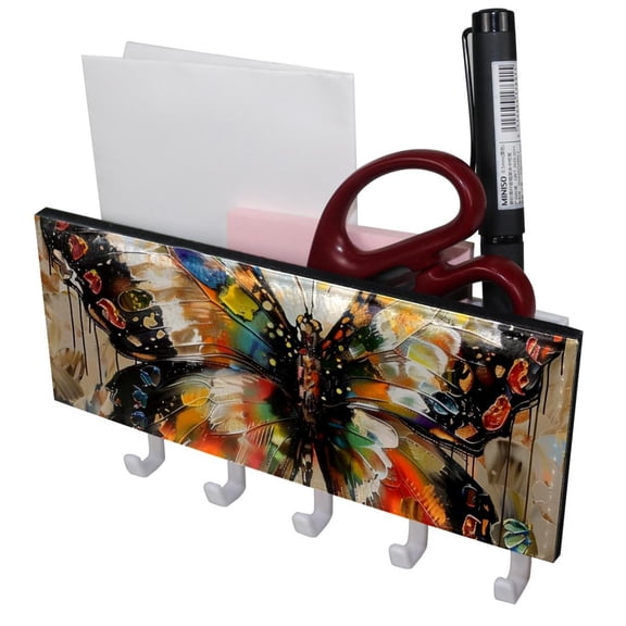 PhooArto Key Holder for Wall Decorative with 5 Key Hooks, Art Butterfly Pattern Holders Wall Mount Organizer with Mail Key Rack, Self Adhesive