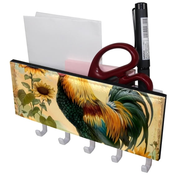 PhooArto Key Holder for Wall Decorative with 5 Key Hooks, Art Rooster Sunflower Holders Wall Mount Organizer with Mail Key Rack, Self Adhesive