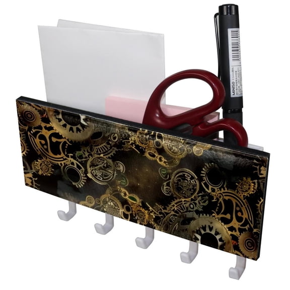PhooArto Key Holder for Wall Decorative with 5 Key Hooks, Art Steampunk Style Holders Wall Mount Organizer with Mail Key Rack, Self Adhesive