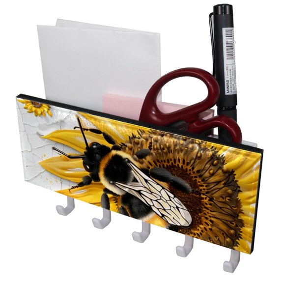 PhooArto Key Holder for Wall Decorative with 5 Key Hooks, Art Sunflower Bee Holders Wall Mount Organizer with Mail Key Rack, Self Adhesive