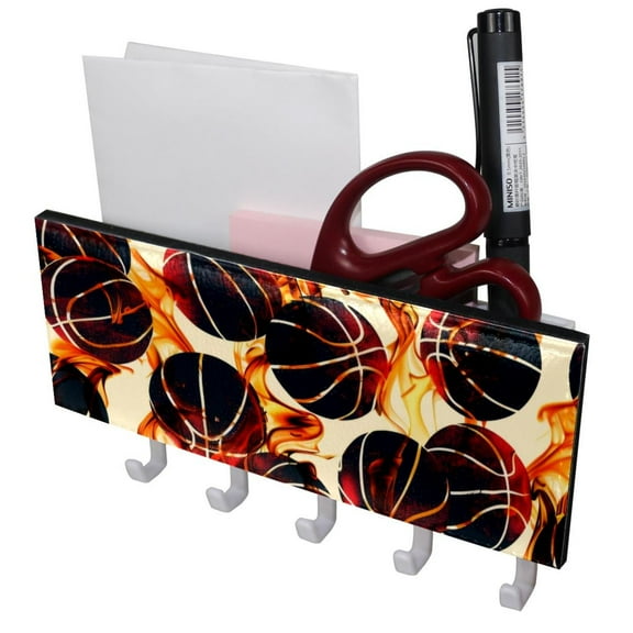 PhooArto Key Holder for Wall Decorative with 5 Key Hooks, Basketball Fire Patterns Holders Wall Mount Organizer with Mail Key Rack, Self Adhesive