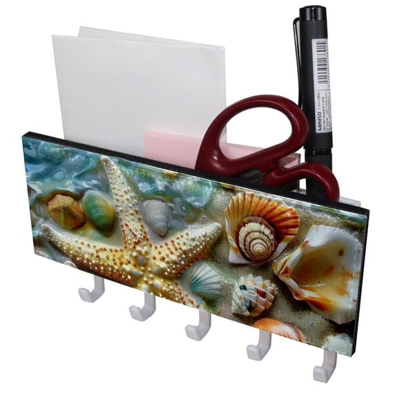 PhooArto Key Holder for Wall Decorative with 5 Key Hooks, Beach Starfish Seashells Holders Wall Mount Organizer with Mail Key Rack, Self Adhesive