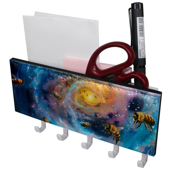 PhooArto Key Holder for Wall Decorative with 5 Key Hooks, Bees in Galaxy Holders Wall Mount Organizer with Mail Key Rack, Self Adhesive