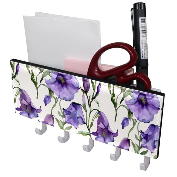 PhooArto Key Holder for Wall Decorative with 5 Key Hooks, Bell Flowers Purple Pattern Holders Wall Mount Organizer with Mail Key Rack, Self Adhesive