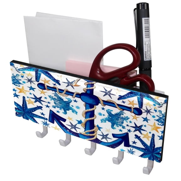 PhooArto Key Holder for Wall Decorative with 5 Key Hooks, Blue Anchor Compass Pattern Holders Wall Mount Organizer with Mail Key Rack, Self Adhesive