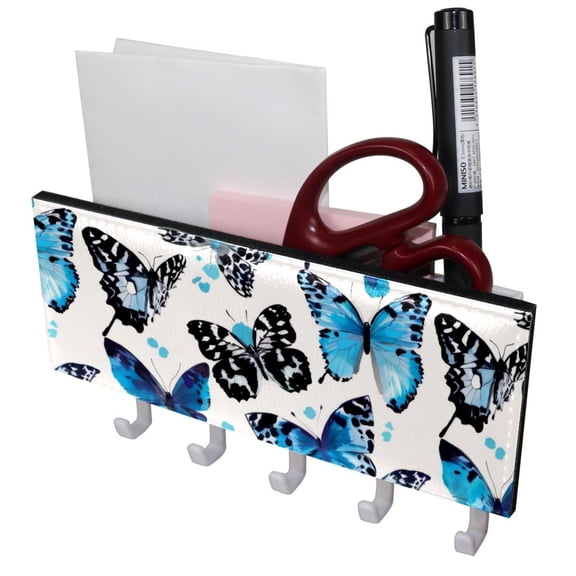 PhooArto Key Holder for Wall Decorative with 5 Key Hooks, Blue Butterfies Pattern Holders Wall Mount Organizer with Mail Key Rack, Self Adhesive