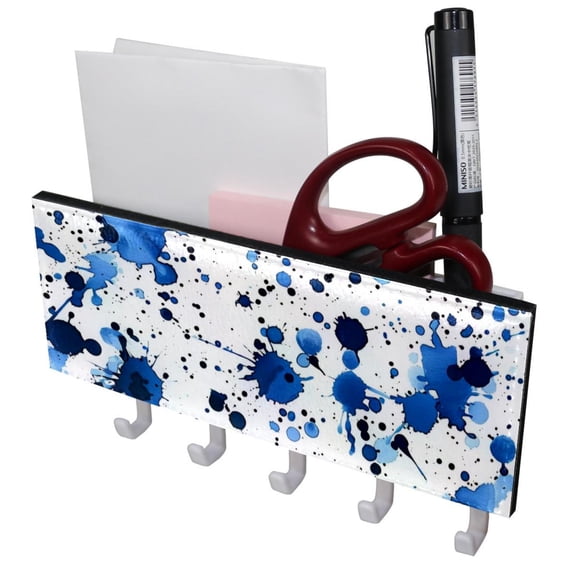 PhooArto Key Holder for Wall Decorative with 5 Key Hooks, Blue Dots Splatter Pattern Holders Wall Mount Organizer with Mail Key Rack, Self Adhesive