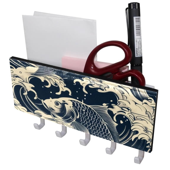 PhooArto Key Holder for Wall Decorative with 5 Key Hooks, Blue Fish Wave Pattern Holders Wall Mount Organizer with Mail Key Rack, Self Adhesive