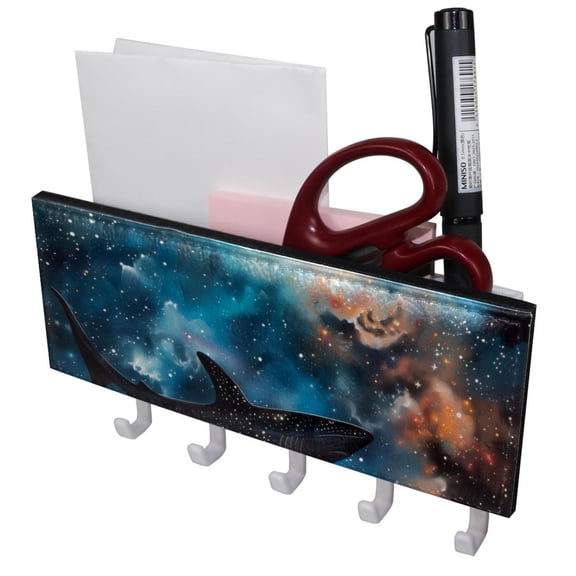PhooArto Key Holder for Wall Decorative with 5 Key Hooks, Blue Galaxy Swim Shark Holders Wall Mount Organizer with Mail Key Rack, Self Adhesive