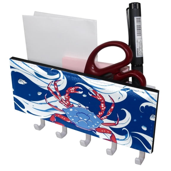 PhooArto Key Holder for Wall Decorative with 5 Key Hooks, Blue Wave Cute Crab Pattern Holders Wall Mount Organizer with Mail Key Rack, Self Adhesive