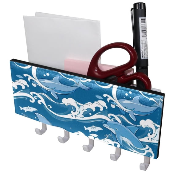 PhooArto Key Holder for Wall Decorative with 5 Key Hooks, Blue Wave Dolphin Pattern Holders Wall Mount Organizer with Mail Key Rack, Self Adhesive