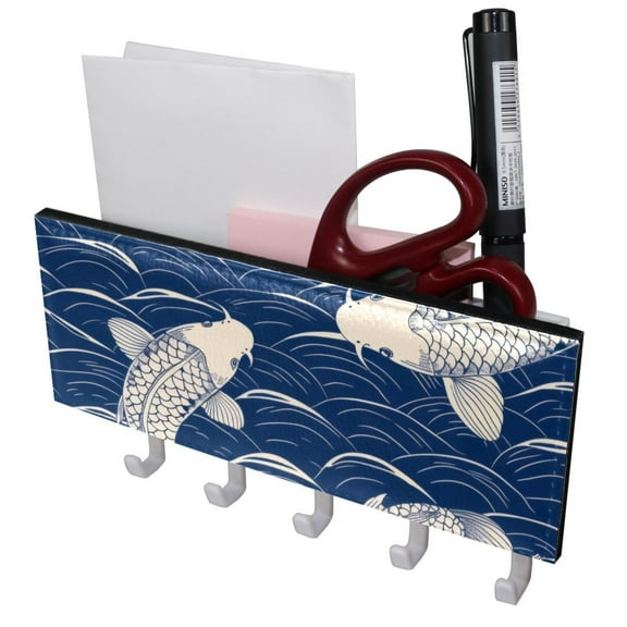 PhooArto Key Holder for Wall Decorative with 5 Key Hooks, Blue Wave Fish Koi Pattern Holders Wall Mount Organizer with Mail Key Rack, Self Adhesive