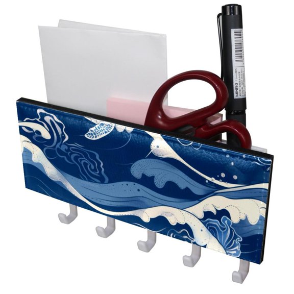 PhooArto Key Holder for Wall Decorative with 5 Key Hooks, Blue Wave Sea Turtle Pattern Holders Wall Mount Organizer with Mail Key Rack, Self Adhesive