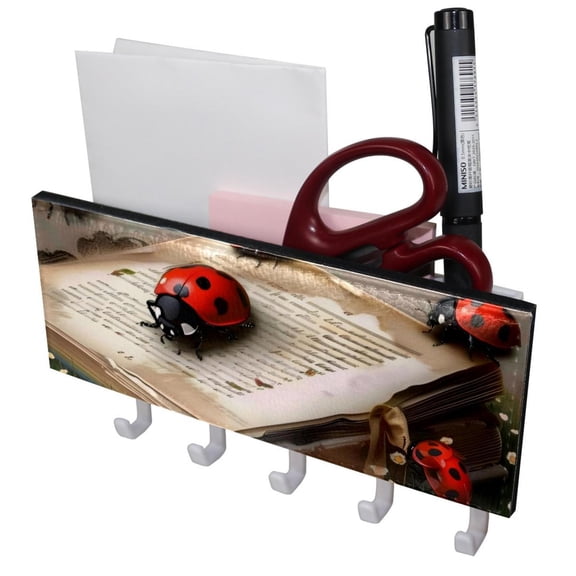 PhooArto Key Holder for Wall Decorative with 5 Key Hooks, Book Ladybugs Little Daisy Holders Wall Mount Organizer with Mail Key Rack, Self Adhesive