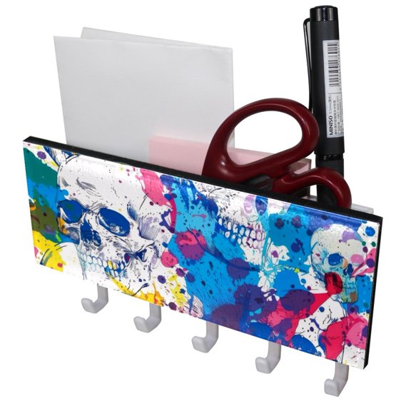 PhooArto Key Holder for Wall Decorative with 5 Key Hooks, Bright Skulls Splash Pattern Holders Wall Mount Organizer with Mail Key Rack, Self Adhesive