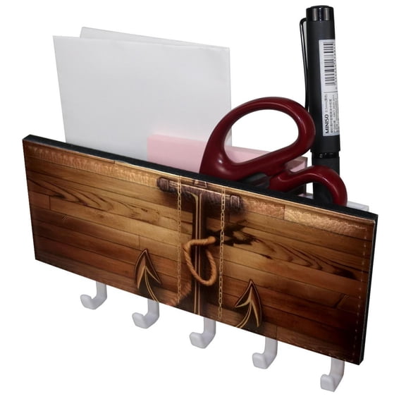 PhooArto Key Holder for Wall Decorative with 5 Key Hooks, Brown Wooden Board Anchor Holders Wall Mount Organizer with Mail Key Rack, Self Adhesive
