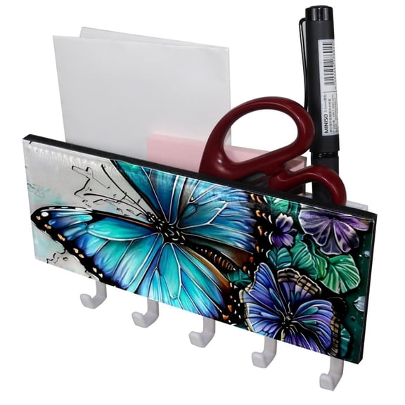 PhooArto Key Holder for Wall Decorative with 5 Key Hooks, Bule Purple Butterfly Holders Wall Mount Organizer with Mail Key Rack, Self Adhesive