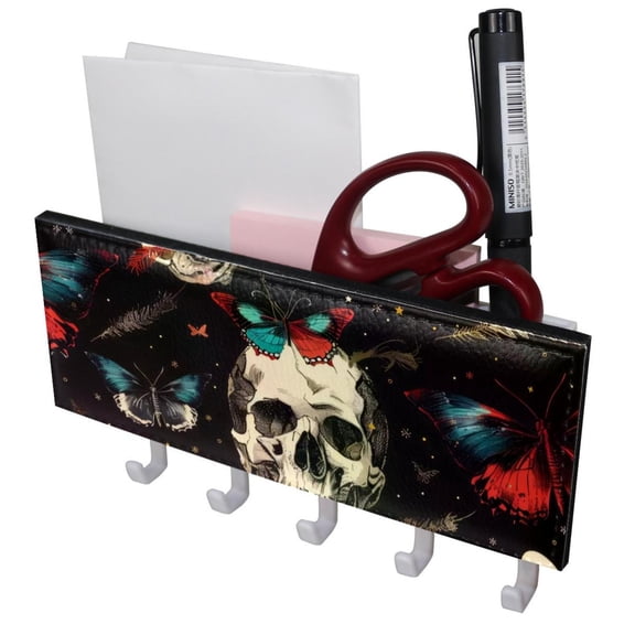 PhooArto Key Holder for Wall Decorative with 5 Key Hooks, Butterfies Skull Pattern Holders Wall Mount Organizer with Mail Key Rack, Self Adhesive
