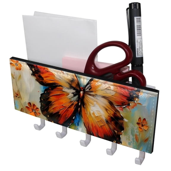 PhooArto Key Holder for Wall Decorative with 5 Key Hooks, Butterfly Art Pattern Holders Wall Mount Organizer with Mail Key Rack, Self Adhesive