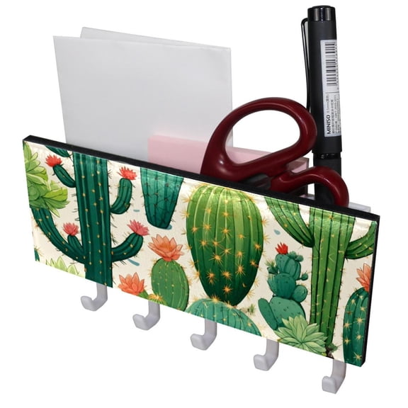 PhooArto Key Holder for Wall Decorative with 5 Key Hooks, Cacti Cactus Pattern Holders Wall Mount Organizer with Mail Key Rack, Self Adhesive