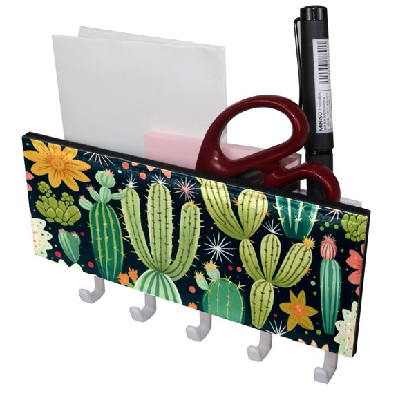 PhooArto Key Holder for Wall Decorative with 5 Key Hooks, Cactus Cacti Flower Pattern Holders Wall Mount Organizer with Mail Key Rack, Self Adhesive
