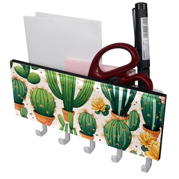 PhooArto Key Holder for Wall Decorative with 5 Key Hooks, Cactus Cacti Pattern Holders Wall Mount Organizer with Mail Key Rack, Self Adhesive