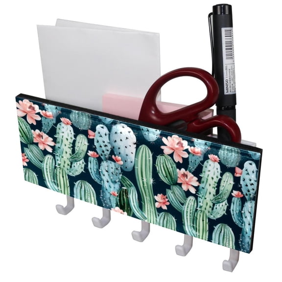 PhooArto Key Holder for Wall Decorative with 5 Key Hooks, Cactus Flowers Pattern Holders Wall Mount Organizer with Mail Key Rack, Self Adhesive