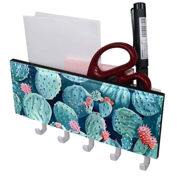 PhooArto Key Holder for Wall Decorative with 5 Key Hooks, Cactus Plant Pattern Holders Wall Mount Organizer with Mail Key Rack, Self Adhesive