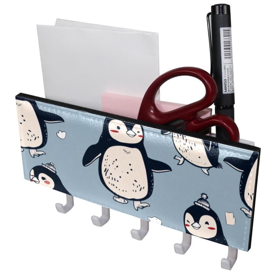PhooArto Key Holder for Wall Decorative with 5 Key Hooks, Cartoon Cute Penguin Pattern Holders Wall Mount Organizer with Mail Key Rack, Self Adhesive