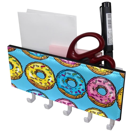 PhooArto Key Holder for Wall Decorative with 5 Key Hooks, Cartoon Donuts Pattern Holders Wall Mount Organizer with Mail Key Rack, Self Adhesive