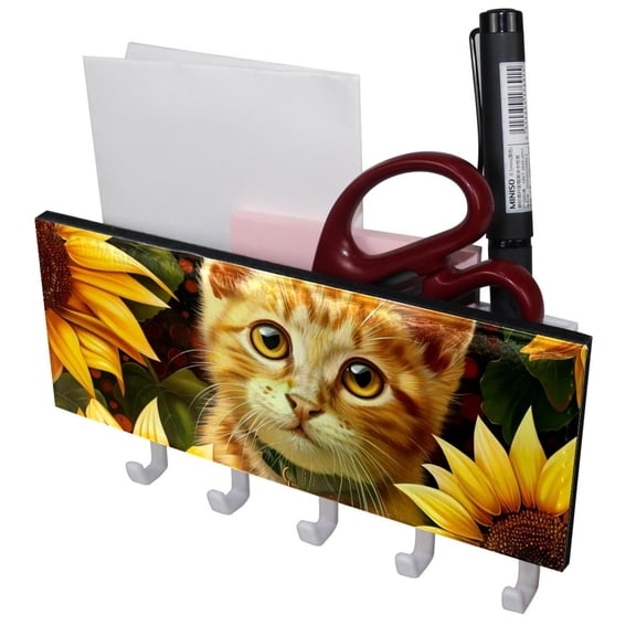 PhooArto Key Holder for Wall Decorative with 5 Key Hooks, Cat Sunflowers Holders Wall Mount Organizer with Mail Key Rack, Self Adhesive