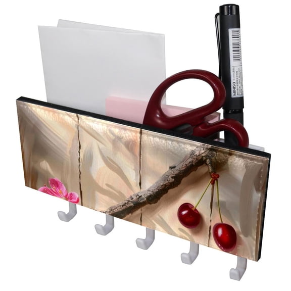 PhooArto Key Holder for Wall Decorative with 5 Key Hooks, Cherry on Wood Board Holders Wall Mount Organizer with Mail Key Rack, Self Adhesive