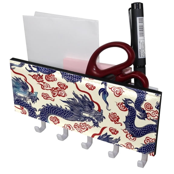 PhooArto Key Holder for Wall Decorative with 5 Key Hooks, Chinese Dragon Cloud Pattern Holders Wall Mount Organizer with Mail Key Rack, Self Adhesive