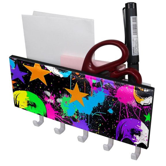 PhooArto Key Holder for Wall Decorative with 5 Key Hooks, Color Splash Skulls Stars Holders Wall Mount Organizer with Mail Key Rack, Self Adhesive