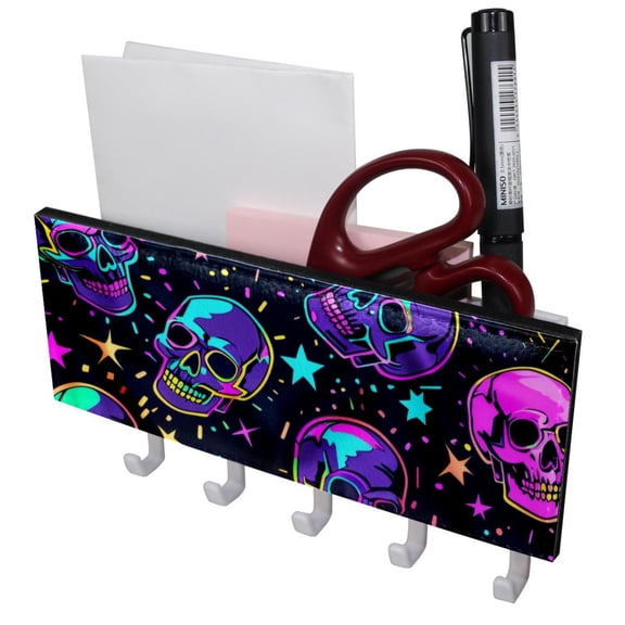 PhooArto Key Holder for Wall Decorative with 5 Key Hooks, Colored Skull Head Pattern Holders Wall Mount Organizer with Mail Key Rack, Self Adhesive