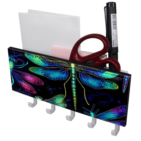 PhooArto Key Holder for Wall Decorative with 5 Key Hooks, Colorful Dragonfly Pattern Holders Wall Mount Organizer with Mail Key Rack, Self Adhesive