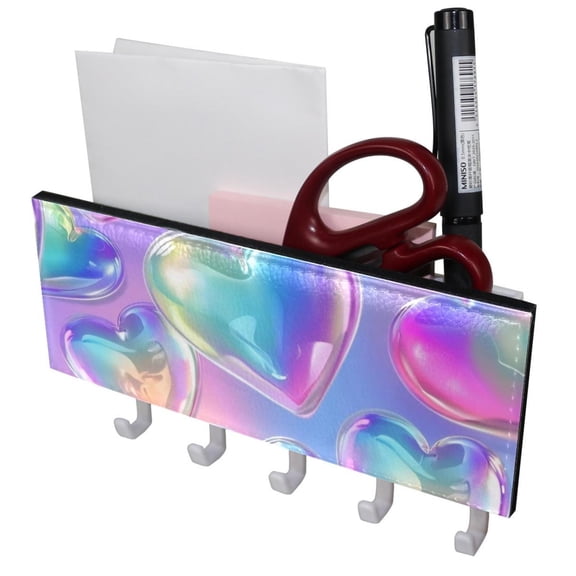 PhooArto Key Holder for Wall Decorative with 5 Key Hooks, Colorful Rainbow Love Hearts Holders Wall Mount Organizer with Mail Key Rack, Self Adhesive