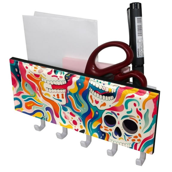 PhooArto Key Holder for Wall Decorative with 5 Key Hooks, Colorful Skull Pattern Holders Wall Mount Organizer with Mail Key Rack, Self Adhesive