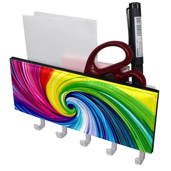 PhooArto Key Holder for Wall Decorative with 5 Key Hooks, Colorful Swirl Rainbow Holders Wall Mount Organizer with Mail Key Rack, Self Adhesive
