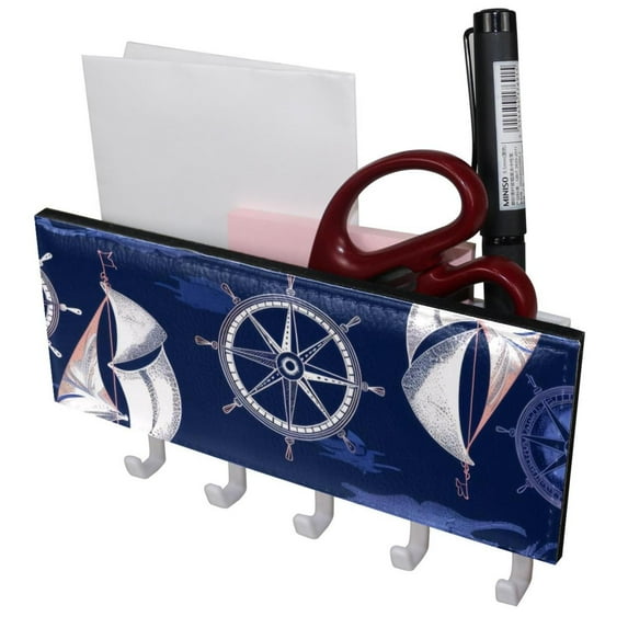 PhooArto Key Holder for Wall Decorative with 5 Key Hooks, Compass Sailboat Pattern Holders Wall Mount Organizer with Mail Key Rack, Self Adhesive