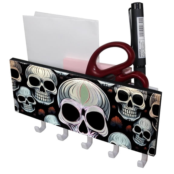 PhooArto Key Holder for Wall Decorative with 5 Key Hooks, Cool Skull Head Pattern Holders Wall Mount Organizer with Mail Key Rack, Self Adhesive