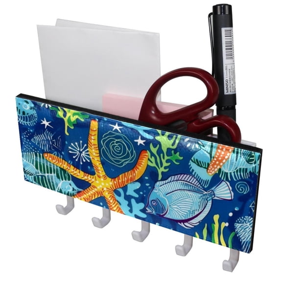 PhooArto Key Holder for Wall Decorative with 5 Key Hooks, Coral Fish Starfish Pattern Holders Wall Mount Organizer with Mail Key Rack, Self Adhesive