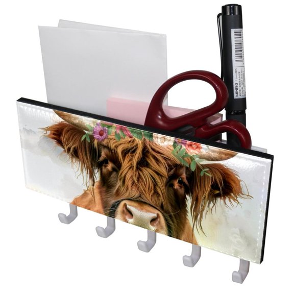 PhooArto Key Holder for Wall Decorative with 5 Key Hooks, Cow Flowers Garland Holders Wall Mount Organizer with Mail Key Rack, Self Adhesive