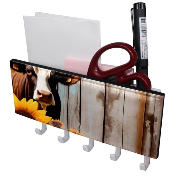 PhooArto Key Holder for Wall Decorative with 5 Key Hooks, Cow Sunflower Wood Board Holders Wall Mount Organizer with Mail Key Rack, Self Adhesive