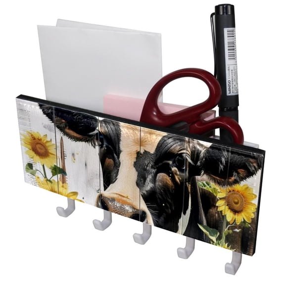 PhooArto Key Holder for Wall Decorative with 5 Key Hooks, Cow and Wood Board Sunflower Holders Wall Mount Organizer with Mail Key Rack, Self Adhesive