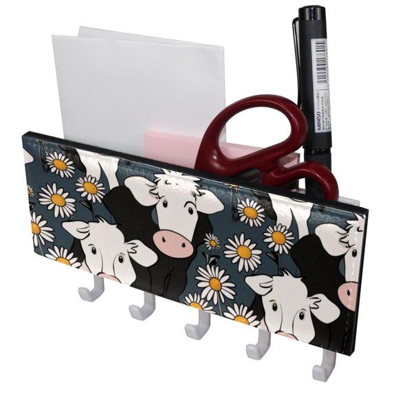PhooArto Key Holder for Wall Decorative with 5 Key Hooks, Cows and Chamomile Pattern Holders Wall Mount Organizer with Mail Key Rack, Self Adhesive