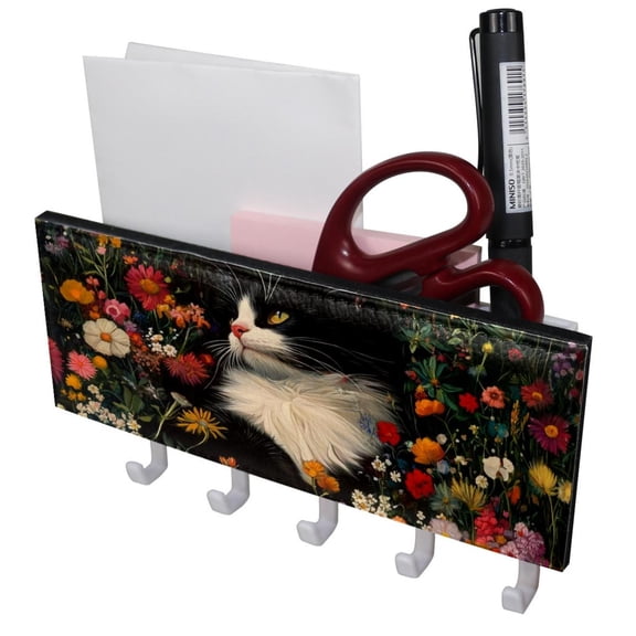 PhooArto Key Holder for Wall Decorative with 5 Key Hooks, Cute Cat Colorful Flowers Holders Wall Mount Organizer with Mail Key Rack, Self Adhesive
