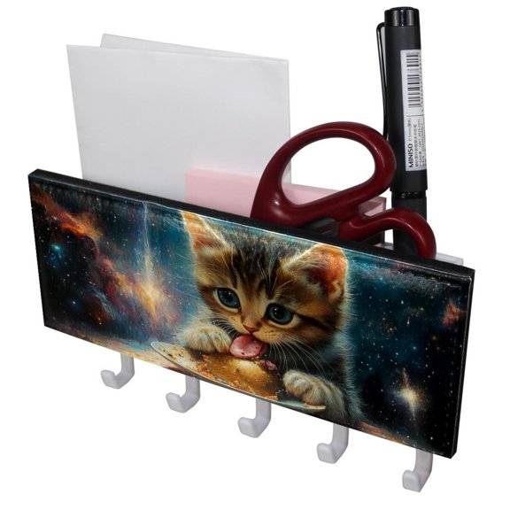PhooArto Key Holder for Wall Decorative with 5 Key Hooks, Cute Cats Colorful Galaxy Holders Wall Mount Organizer with Mail Key Rack, Self Adhesive