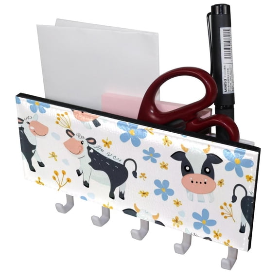 PhooArto Key Holder for Wall Decorative with 5 Key Hooks, Cute Cows and Flower Pattern Holders Wall Mount Organizer with Mail Key Rack, Self Adhesive